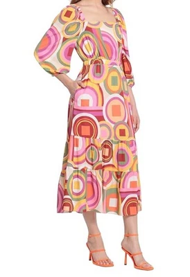 Donna Morgan Colorful Square Neck, 3/4 Puff Sleeve Tiered Midi Dress Boho SZ 10 - Image 1 of 4
