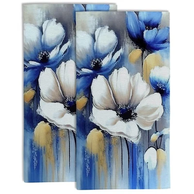 Juego de 2 toallas de mano acuarela blanco azul flores pintura al óleo abstracta floral... Foto 1 de 4