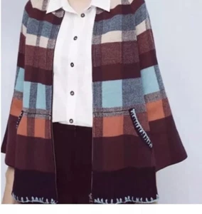 147. RARE Anthropologie HWR Monogram Plaid Wool Zip Cardigan Sweater S Euc - Picture 1 of 8