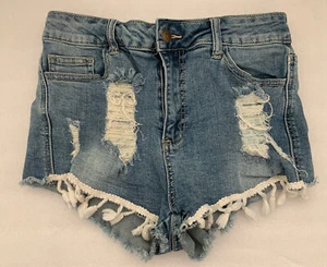 EUC Forever 21 Distressed Ripped Denim Shorts Front Tassel Medium 26” Waist - Picture 1 of 12