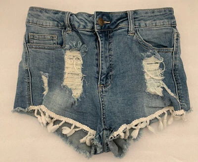 EUC Forever 21 Distressed Ripped Denim Shorts Front Tassel Medium 26” Waist - Image 1 of 4