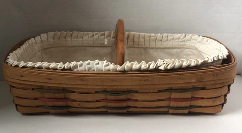 1992 Longaberger Woven Bread Basket w/ Divider-inserts-white/cream liner-signed Cover