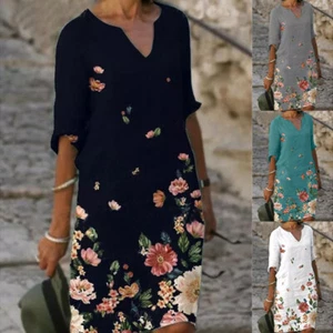 Damen-Midikleid Mit Blumenmuster Kurzärmelig Lässig Baggy-Strand-Kaftan- ≌ - Picture 1 of 17
