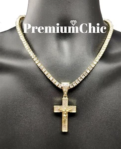 ICED Jesus Cross Pendant Necklace w Rope or Tennis Chain Mens Plated CZ Jewelry - Picture 1 of 15