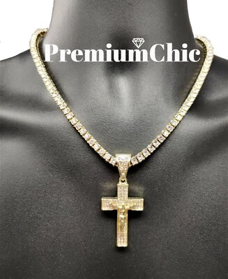 ICED Jesus Cross Pendant Necklace w Rope or Tennis Chain Mens Plated CZ Jewelry - Image 1 of 4
