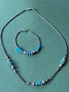 Demi Lot of Liquid Silver w Carved Rose Bead & Turquoise Nugget Necklace & Brace - Picture 1 of 8