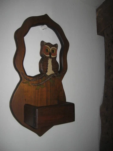 Handcrafted Scroll Cut Woodland OWL Wall Pocket Mirror Frame Signed "H.W.M. '83" Cover