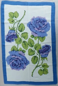 Vintage Linen Tea Towel Purple Blue English Roses Design - Picture 1 of 8