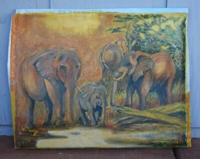 Nancy Park - Pintura al óleo - Elefantes en arbusto en pozo de agua - África Foto 1 de 4