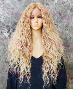 Light Blonde Ombre Long Loose Waves Heat OK Lace Front Human Hair Blend Wig EVFD - Picture 1 of 9