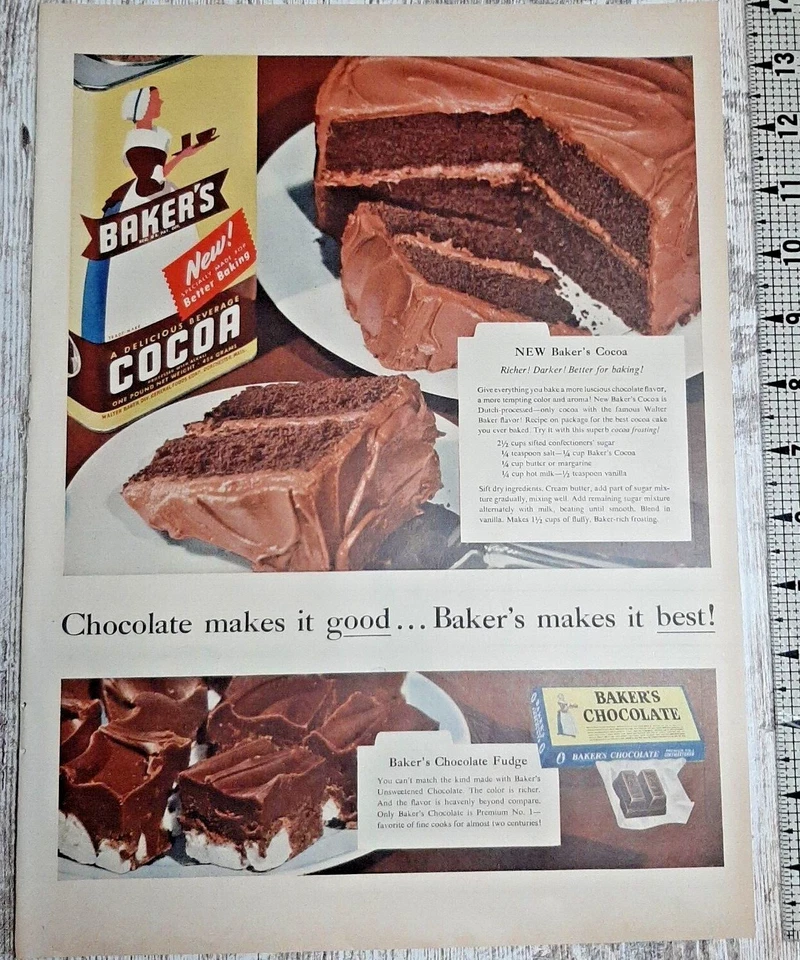 1954 Baker's Chocolate Vintage Print Ad Cake Frosting Brownies Dessert Baking - Image 1 of 1