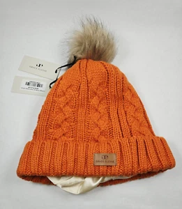 Grace Eleyae Orange Foldover Cap Knit Hat Warm Satin Lined Adjustable Slap w Pom - Picture 1 of 10