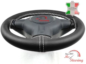 FOR CITROEN C1 05-12 BLACK LEATHER STEERING WHEEL COVER, WHITE 2 STIT - Picture 1 of 12