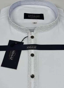 Herren Shalwar Kameez weiß mit weißer Schlitzstickerei - Bild 1 von 2