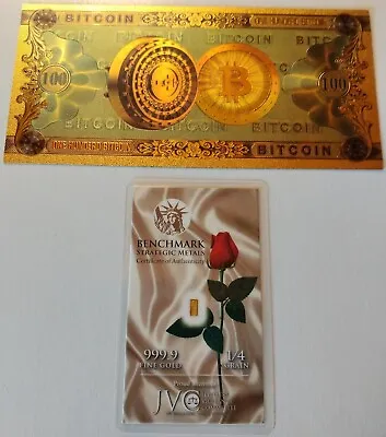 Set:  100 Btc Bitcoin Gold Foil Banknote Crypto Bill + 1/4 Grain Pure Gold Bar. • 34.57€