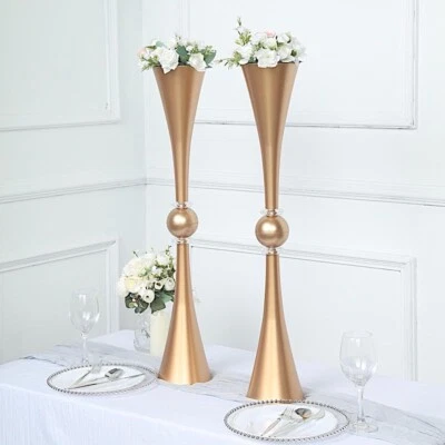 2 Metallic GOLD 31" Plastic Reversible Trumpet Flower VASES Crystals Party Event - Image 1 of 4