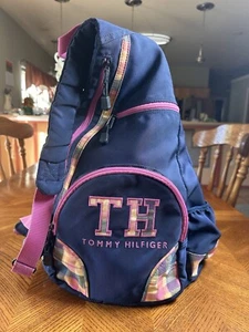 Vintage Tommy Hilfiger Women's Blue/ Pink Plaid Full Size Sling Backpack - Picture 1 of 11