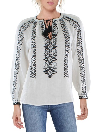 Lauren Ralph Lauren Womens White Embroidered Boho Pullover Top Shirt L