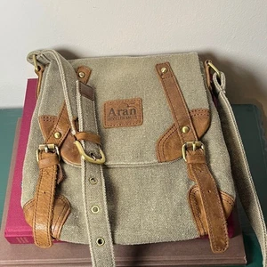 Aran Woollen Mills Gray Brown Canvas Leather Crossbody Bag w Buckle Snap Front - Picture 1 of 16