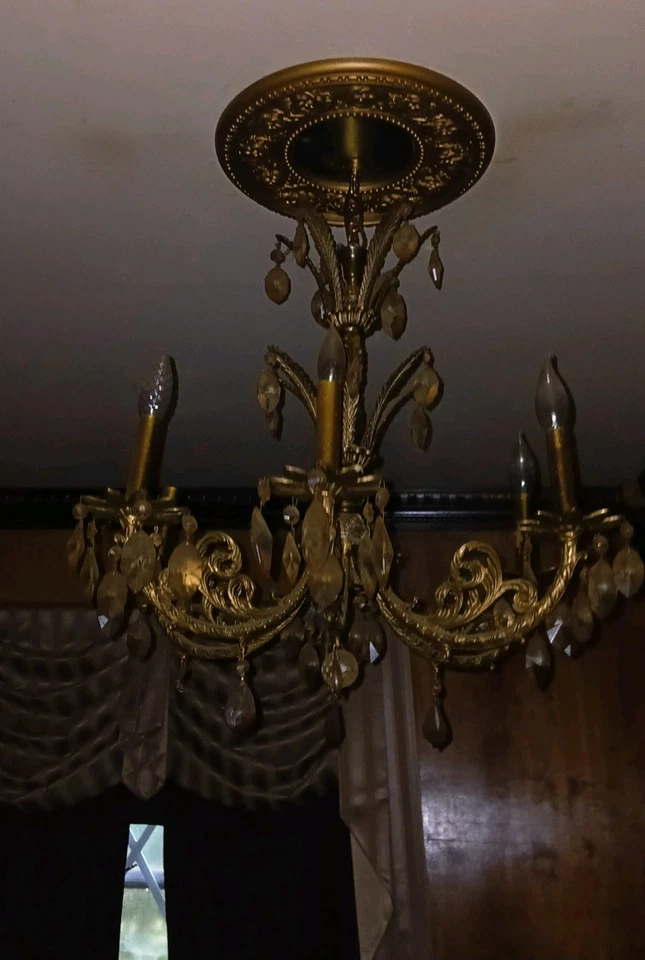 Antique 19TH CENTURY LIGHT CHANDELIER with Original Crystal Drops & Prisms - Image 1 of 1