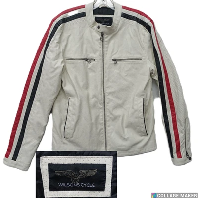 CHAQUETA MOTO WILSON'S CYCLE~DE COLECCIÓN~ CUERO VEGANO BLANCO ROTO RAYAS ROJAS NEGRAS PARA HOMBRE S Foto 1 de 4