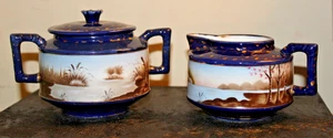 Vintage Porcelain Hand Painted Made in Japan Creamer and Sugar Nature Scene - Picture 1 of 5
