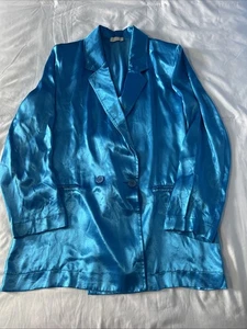 Q2 Damen Blazer Mantel Schal gekerbtes Revers glänzend Satin blau Large - Bild 1 von 13