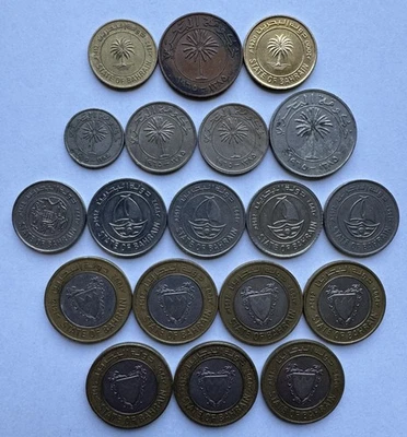 19 PIECE BAHRAIN COINS 5 FILS 10 FILS 25 FILS 50 FILS & 100 FILS 1965-2000 - Image 1 of 2
