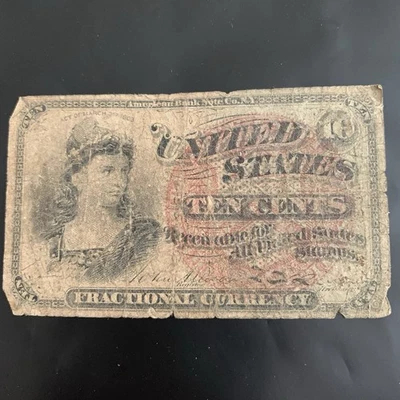 1863 $.10 Fourth Issue Fractional Currency Obsolete Bank Note Bill 4th - Image 1 of 4