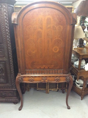 Vintage 1930’s Art Deco Burled Walnut Inlayed and Carved China Cabinet Cover