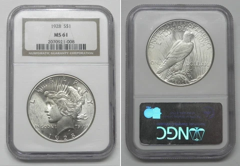 1928 P Peace Dollar, Uncirculated, NGC MS61  #1008 Cover