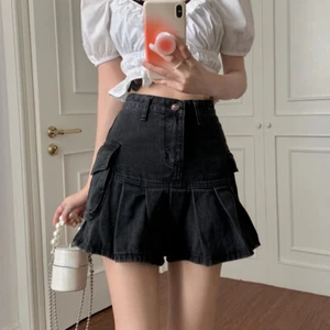 Punk Women Pleated Mini Denim Skirt Cargo Pocket Gothic Frill Ruffle Sexy - Picture 1 of 15