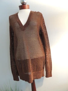 MICHAEL KORS COLLECTION Knit Top NWT Linen V-Neck Open Weave SZ M Nutmeg - Picture 1 of 6