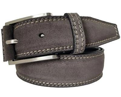 MENS ITALIAN SUEDE LEATHER BELT 35MM GREY GRAY CONTRAST STITCH 35MM S M L XL XXL - Image 1 of 2