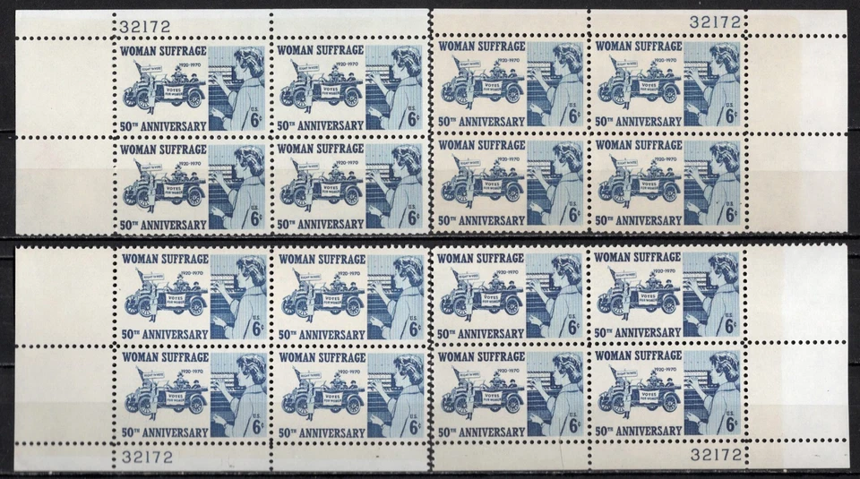 US Sc #1406 MNH 1970 Woman Suffrage 50th Anniversary MATCHED SET PL BLOCKS - Image 1 of 1