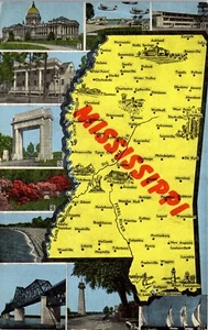 Vintage State Map Points of Interest Postcard Mississippi MS ~ Multi View 1950 - Picture 1 of 3