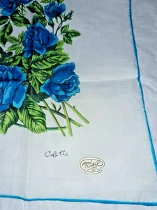 Vintage Handpainted Collete Hanky Hankie Cotton Handkerchief Blue Roses 14.5" - Picture 1 of 4