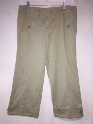 Ann Taylor SZ 4 Loft 军队绿色 100% 棉平前纽扣口袋卡普里裤 — 第 1/4 张图片