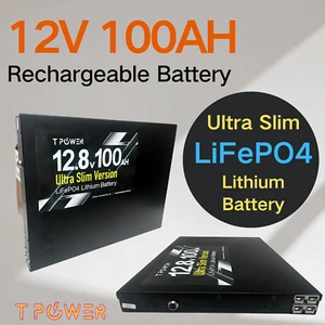 Tpower 12v 100Ah Ultra Slim Lithium Rechargeable Battery LiFePO4 Iron Deep Cycle - Picture 1 of 5