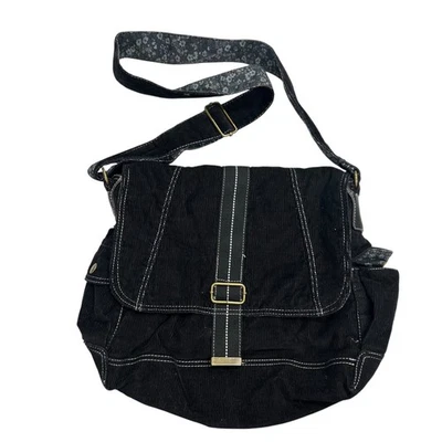 Old Navy Black Corduroy Crossbody Purse Floral Strap Buckle Flap Y2K Casual - Image 1 of 4