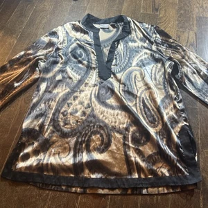 Tunica donna Chico's manica lunga stampa paisley scollo a V, nero e marrone, taglia 2--L - Foto 1 di 5