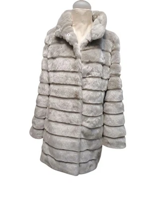 Eliza J Grooved Faux Fur Coat Gray Sz S Tiered Long Sleeve Snaps Glam Luxury New - Image 1 of 4