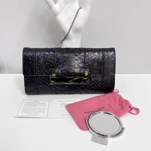 Judith Leiber Snakeskin Purse or Clutch Bag Blue Brown & Metallic Silver Mirror - Picture 1 of 15