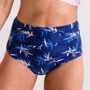 NWT XL High Waist Ruched, Full Coverage Womens Swimsuit Bikini Bottom Blue Palm - Picture 1 of 12