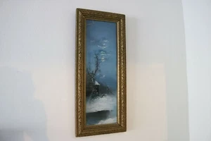 Antique - Painting - Winter Night Town House Moon -Signed "Goy or Gay" 21*7 READ - Picture 1 of 6