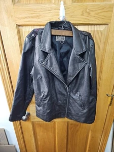 RUFF HEWN Brown Faux Leather Motorcycle Biker Style JACKET Plaid Trim Size Large - Picture 1 of 11