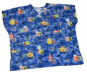 SB Fashion Scrub Top Sz XL 29” Chest Monsters Bats Trick Or Treat Halloween - Picture 1 of 3