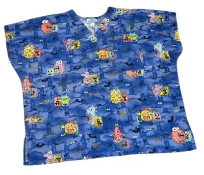 SB Fashion Scrub Top Sz XL 29” Chest Monsters Bats Trick Or Treat Halloween - Image 1 of 3
