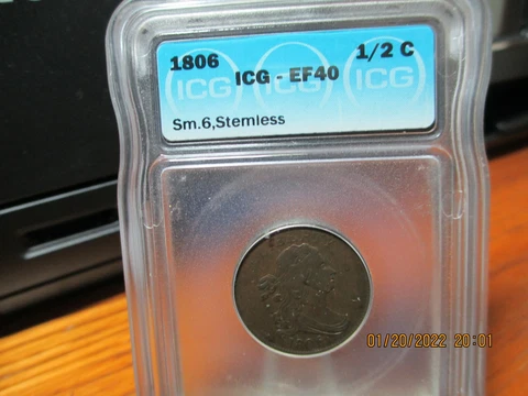 1806 DRAPED BUST HALF CENT SM.6STEMLESS GARDED BY ICG EF40 Cover