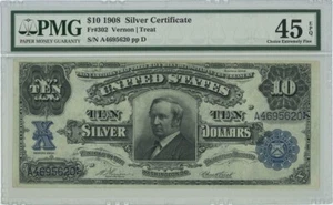 FR. 302 1908 $10 Silver Certificate PMG 45 EPQ Hendricks Tombstone 949949-13 - Picture 1 of 2